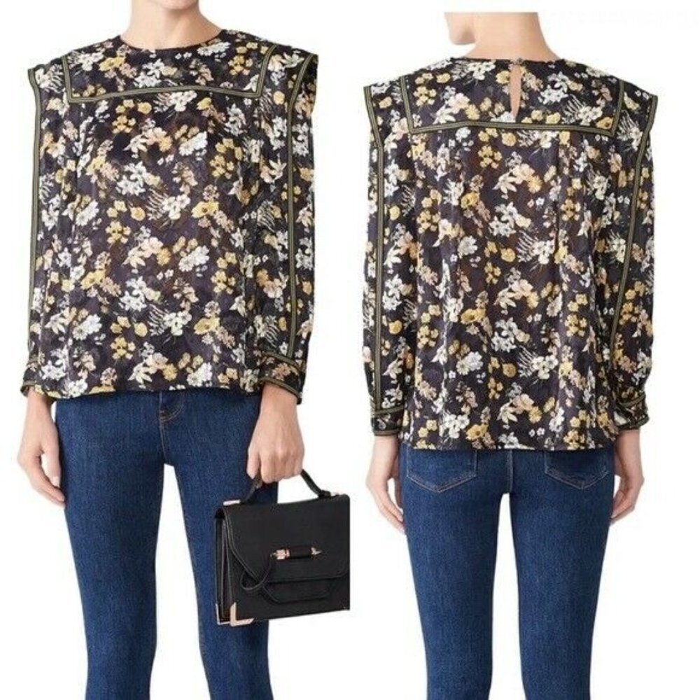 Derek Lam 10 Crosby Black and Gold Floral Silk Ribbon Trim Blouse Size 0 Top